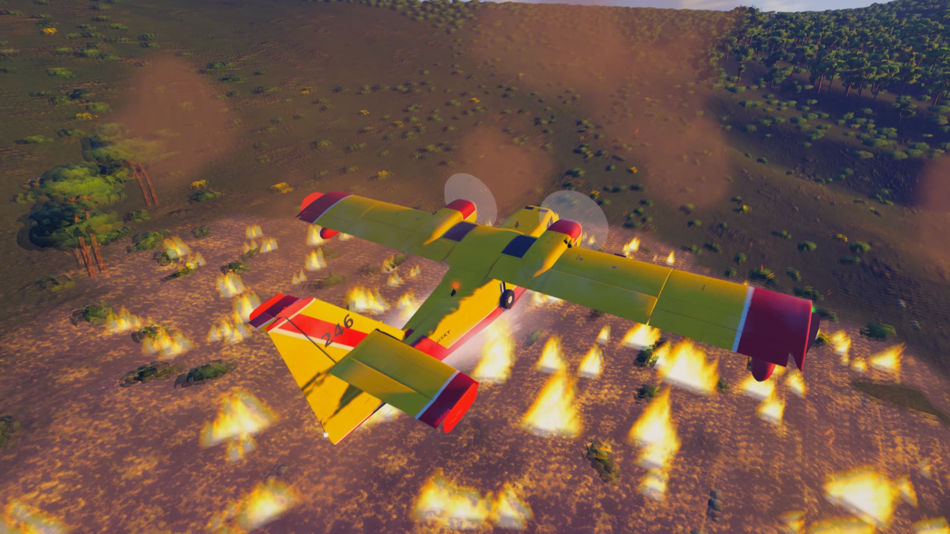 Over the fire line, flames below the wings, doors about to open.
