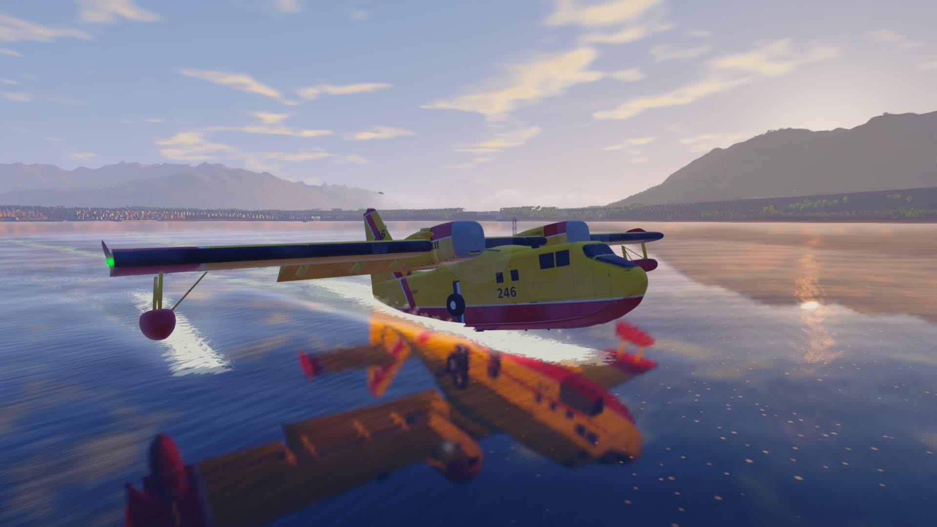 Tanks full, she lifts off the sea into the low sun.